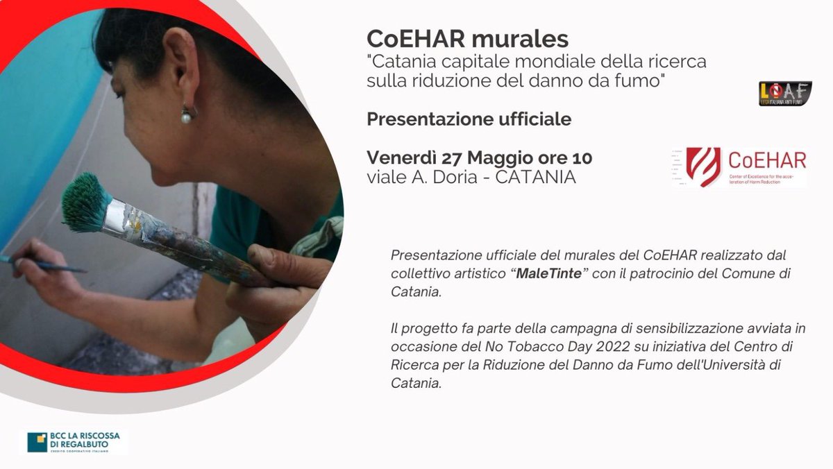SAVE THE DATE
📲FRIDAY 27 MAY 10AM -  A. Doria road
(Ring road of Catania - access by S. Sofia street) 
👩‍🎨 UNVEILING "COEHAR MURALES" 👩‍🎨 
A work by the artistic collective 
MaleTinte under the patronage of <a href="/ComunediCatania/">Comune di Catania</a> , <a href="/BCC_Roma/">BCC Roma</a> and <a href="/LiafAntifumo/">LIAF Lega Antifumo</a>