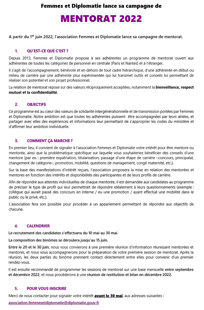 📣 Femmes et Diplomatie lance son programme de #mentorat 2022 à partir du 1er juin !
🗓 Fin des inscriptions le 30 mai !