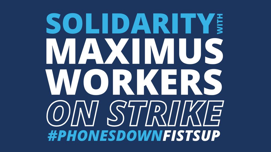 LizShuler's tweet photo. Solidarity with the @CWAUnion Maximus call center workers who are on STRIKE today for affordable healthcare &amp; livable wages! #PhonesDownFistsUp

Write a letter and stand with them: https://t.co/ftlKnEs3N7 https://t.co/BRigCzfOWP