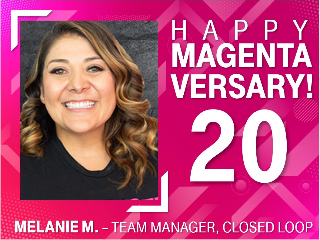 team505menaul's tweet image. Help us wish manager, Melanie M. a happy 20 year Magentaversary! Mel, you are a big part of our success and we are so appreciative of all the incredible contributions you've made throughout your career at @TMobile! Cheers! 🎊🥳

#MostLoved #famousforexperience #magentaporvida