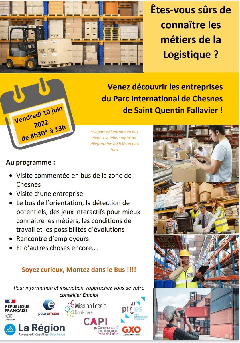 #logistique #opportunités 
☑️ vendredi 1️⃣0️⃣ juin , soyez curieux et montez dans le bus au départ du Pôle-emploi de #Villefontaine ⏩ dépêchez vous il n'y aura pas assez de place pour tout le monde 🚌 ⚠️événement sur inscription obligatoire ⚠️