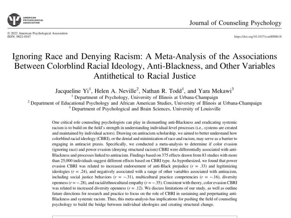HelenNeville12's tweet photo. 📢New publication alert📢 I am thrilled to share our  (@Jaki__Yi , Nathan Todd, @yaramekawi) recent @APA_Journals article. Meta-analysis findings suggest power-evasion color-blind racial beliefs are linked to ⬆️ (anti-Black) racism &amp; ⬇️racial empathy. 1/4 https://t.co/r1YmAouoUj https://t.co/OdqtrhXphK