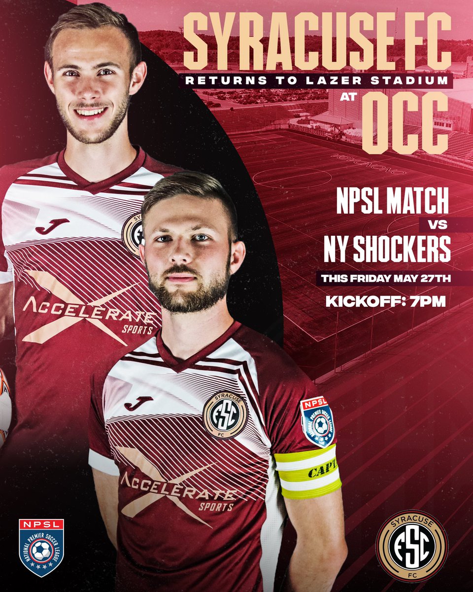Syracuse_FC's tweet image. ONE NIGHT ONLY…SYRACUSE FC IS RETURNING TO LAZER STADIUM AT OCC THIS FRIDAY NIGHT!! Come see our NPSL squad take on the NY Shockers at 7pm this Friday evening as we return to OCC for the first time in almost three years!! See you there!! @NPSLSoccer @NewYorkShockers
