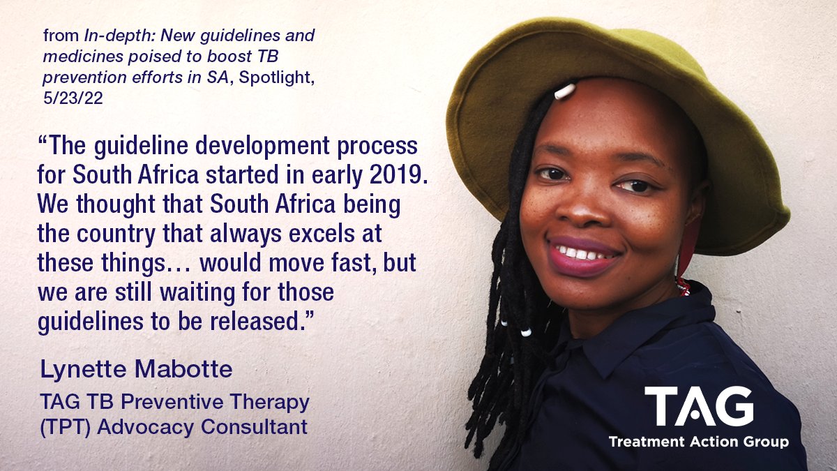 South Africa’s had #TB preventive therapy (TPT) since the early 2000’s but still has work to do to align its policy with current WHO recommendations, specifically #3HP. Why? @SpotlightNSP asked people, including TAG consultant Lynette Mabote. spotlightnsp.co.za/2022/05/23/in-…