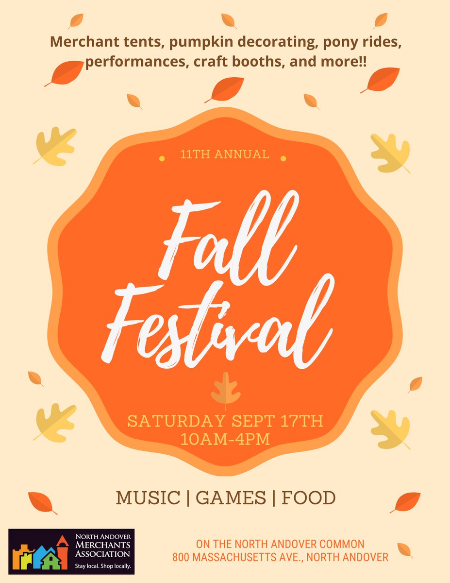 Calling all businesses, crafters and food trucks...the North Andover Merchants Association Fall Festival is back. Register for your space &amp; check out the sponsorship opportunities available. A great way to promote your business and support a great event! northandovermerchants.org/events/fall-fe…