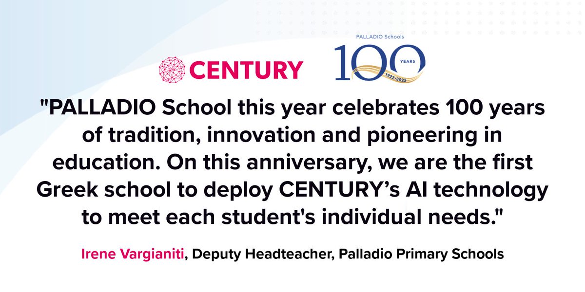 ThisIsCentury's tweet photo. 🇬🇷 CENTURY was recently implemented in the forward-thinking @PalladioSchools, making them the first schools in Greece to use our adaptive #edtech 🇬🇷

Welcome to our global community of international schools – we're excited to have you on board. 🌎 https://t.co/YAYUXYsCHj