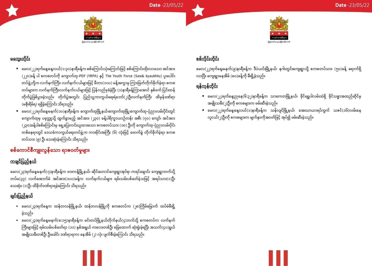 ActivistLittle's tweet photo. Daily military summary news published by @NUGMyanmar government.

#2022May23Coup #WhatsHappeningInMyanmar #Total_StopSponsoringJunta #Chevron_StopSponsoringJunta https://t.co/pyeJwCcksr