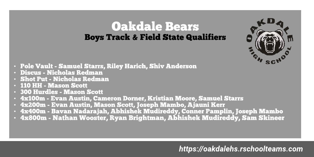 Oakdale_Bears's tweet photo. Congratulations to the following Bears for qualifying for the MPSSAA State Track &amp; Field Championships on May 27-28, 2022 https://t.co/FpBso3vrLm