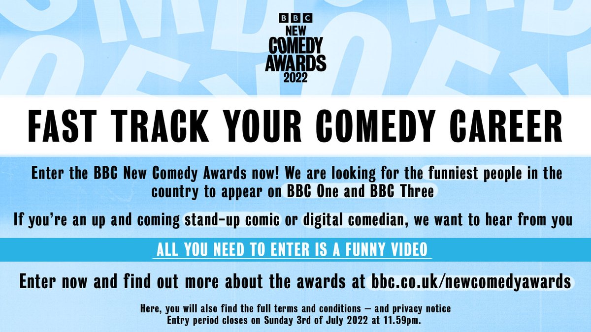Funny people, WE WANT YOU. 👈

Entries for the BBC New Comedy Awards 2022 are now open. 

To enter go to bbc.co.uk/newcomedyawards. Here you'll find Ts&amp;Cs – and privacy notice. Entry period closes on Sunday 3rd of July 2022 at 11.59pm.
