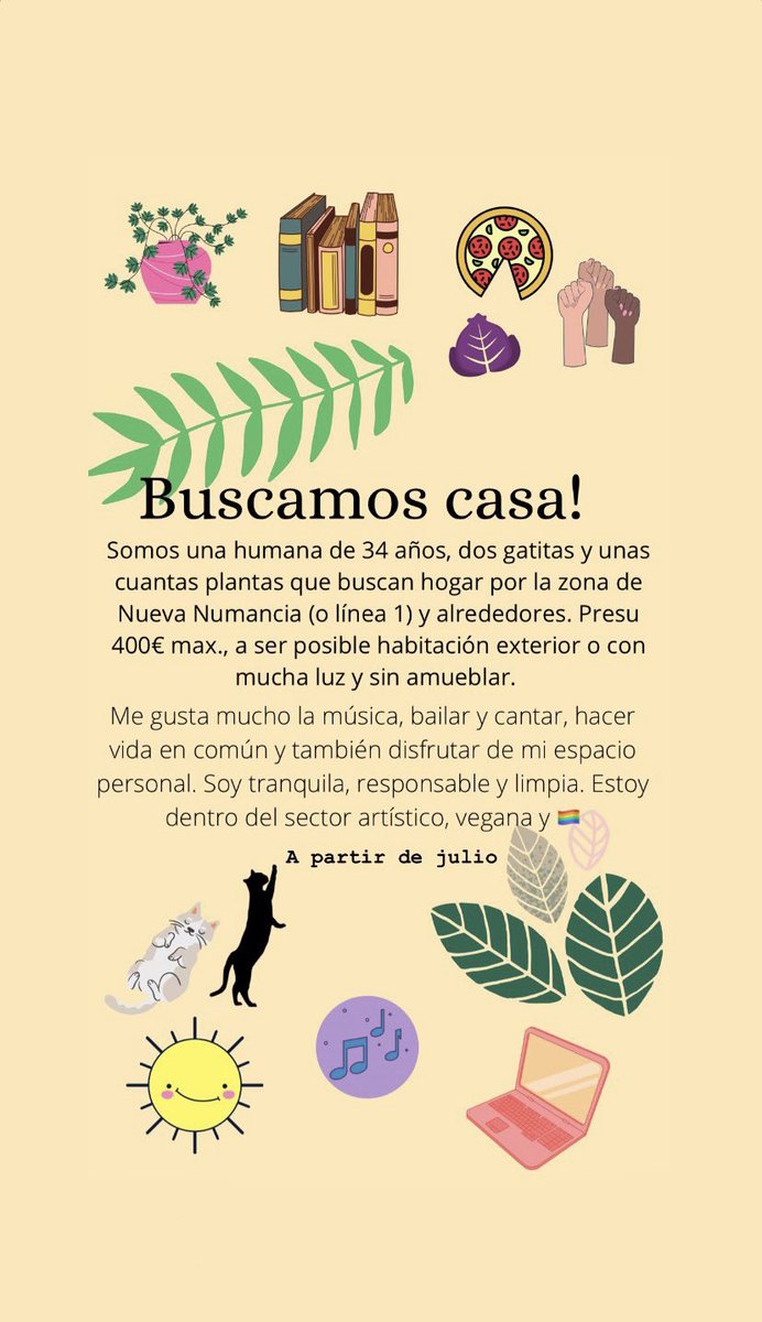 BeLaLization's tweet photo. Buenas! Buscamos habitación en #pisovegano o vegetariano a ser posible, para entrar en julio. Se agradece difusión 💖 Me valen otras zonas de Madrid! #alquiler #piso #madrid #alquilerveganomadrid #alquilervegetariano https://t.co/yv4TqlLc7O