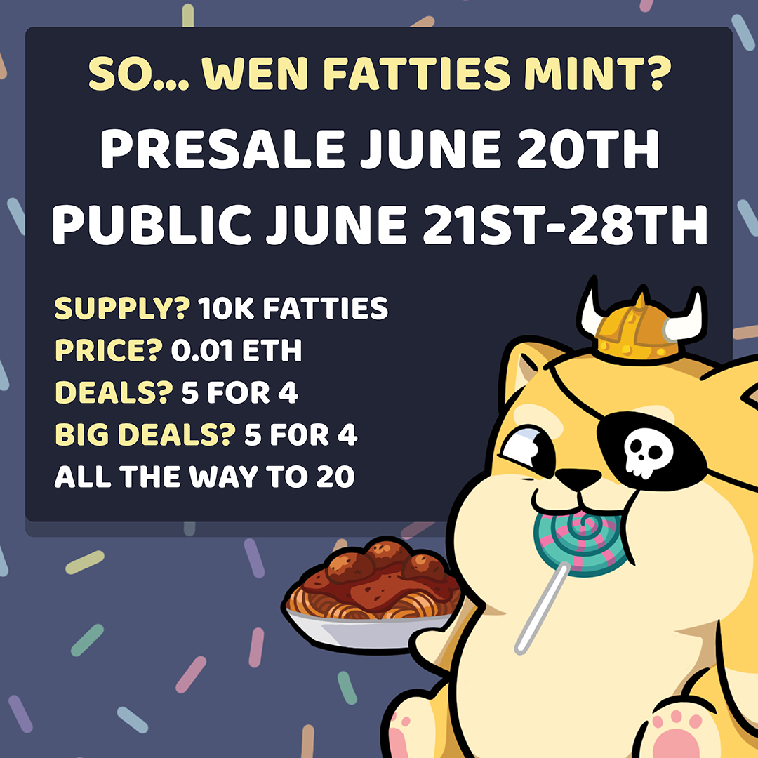 FattiesNFT's tweet photo. GM all day everyday #FattieFrens. The clock is now ticking and there's no turning back. Spread the word like jam on toast because we're coming in hot 🔥 
Presale Fatlist spots available through the bounty system in our discord https://t.co/Jj3KB9yVrw 
Get fat with us 🍩 https://t.co/5pbhzemZOf