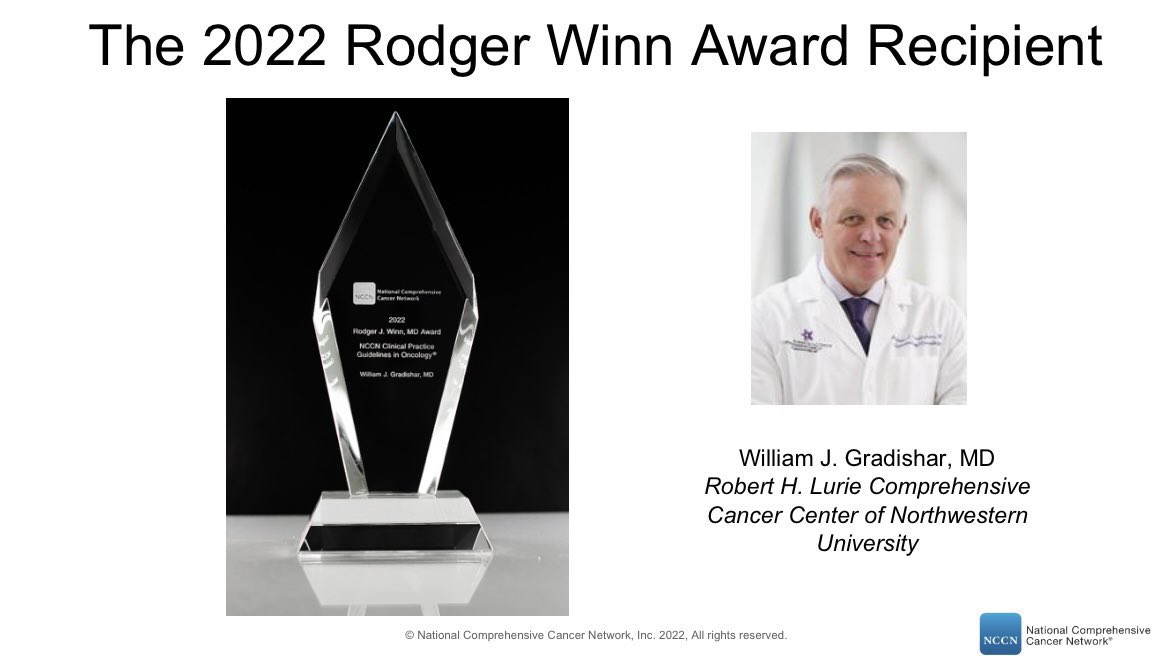 Lurie Cancer Center (@luriecancer) on Twitter photo Congratulations to <a href="/LurieCancer/">Lurie Cancer Center</a>’s <a href="/DrWGradishar/">William Gradishar, MD</a> on receiving the 2022 Rodger Winn Award from <a href="/NCCN/">National Comprehensive Cancer Network (NCCN)</a> for his expertise and commitment to excellence in developing NCCN’s Clinical Guidelines. Read more: cancer.northwestern.edu/news/2022/grad… #BreastCancer #BCSM Congratulations to <a href="/LurieCancer/">Lurie Cancer Center</a>’s <a href="/DrWGradishar/">William Gradishar, MD</a> on receiving the 2022 Rodger Winn Award from <a href="/NCCN/">National Comprehensive Cancer Network (NCCN)</a> for his expertise and commitment to excellence in developing NCCN’s Clinical Guidelines. Read more: cancer.northwestern.edu/news/2022/grad… #BreastCancer #BCSM