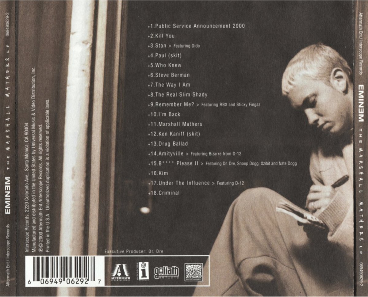 Genius's tweet photo. today in 2000, eminem dropped his second major label studio album ‘the marshall mathers LP’ 

the album sold 1.78 million copies in its first week and went on to become diamond certified 💎 favorite track? https://t.co/fSVMPhESVw