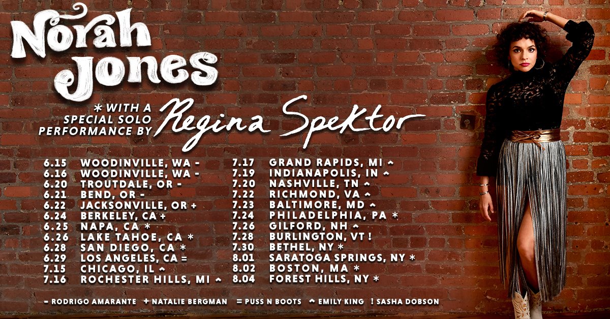 Norah Jones (@norahjones) on Twitter photo I’m happy to announce more special guests who will be joining me throughout the rest of the tour: <a href="/RodrigoAmarante/">Rodrigo Amarante</a>, Natalie Bergman, <a href="/Emilykingmusic/">Emily King</a> and <a href="/sashadobson1/">Sasha Dobson</a>! Plus I’ll be opening for myself in LA with <a href="/pussnbootsmusic/">Puss N Boots</a>. See you out there! ❤️
norahjones.lnk.to/tour I’m happy to announce more special guests who will be joining me throughout the rest of the tour: <a href="/RodrigoAmarante/">Rodrigo Amarante</a>, Natalie Bergman, <a href="/Emilykingmusic/">Emily King</a> and <a href="/sashadobson1/">Sasha Dobson</a>! Plus I’ll be opening for myself in LA with <a href="/pussnbootsmusic/">Puss N Boots</a>. See you out there! ❤️
norahjones.lnk.to/tour