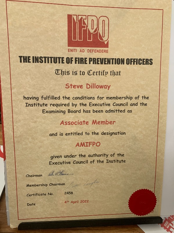 SteveDilloway's tweet photo. I'm proud to announce that I've now been admitted as an Associate Member to The Institute of Fire Prevention Officers @IFPO_FSP and am entitled to now use the designation of AMIFPO https://t.co/jusmQTCLpY