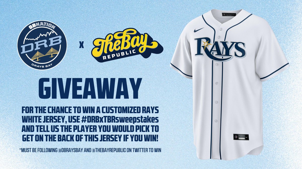 draysbay's tweet image. GIVEAWAY ALERT! 

Our friends @TheBayRepublic — the Rays official team store — are giving away a customized Rays home white jersey to one of y’all! 

Follow both accounts, and tweet who you’d want on your jersey with the hashtag #DRBxTBRsweepstakes to win! draysbay.com/2022/5/23/2313…