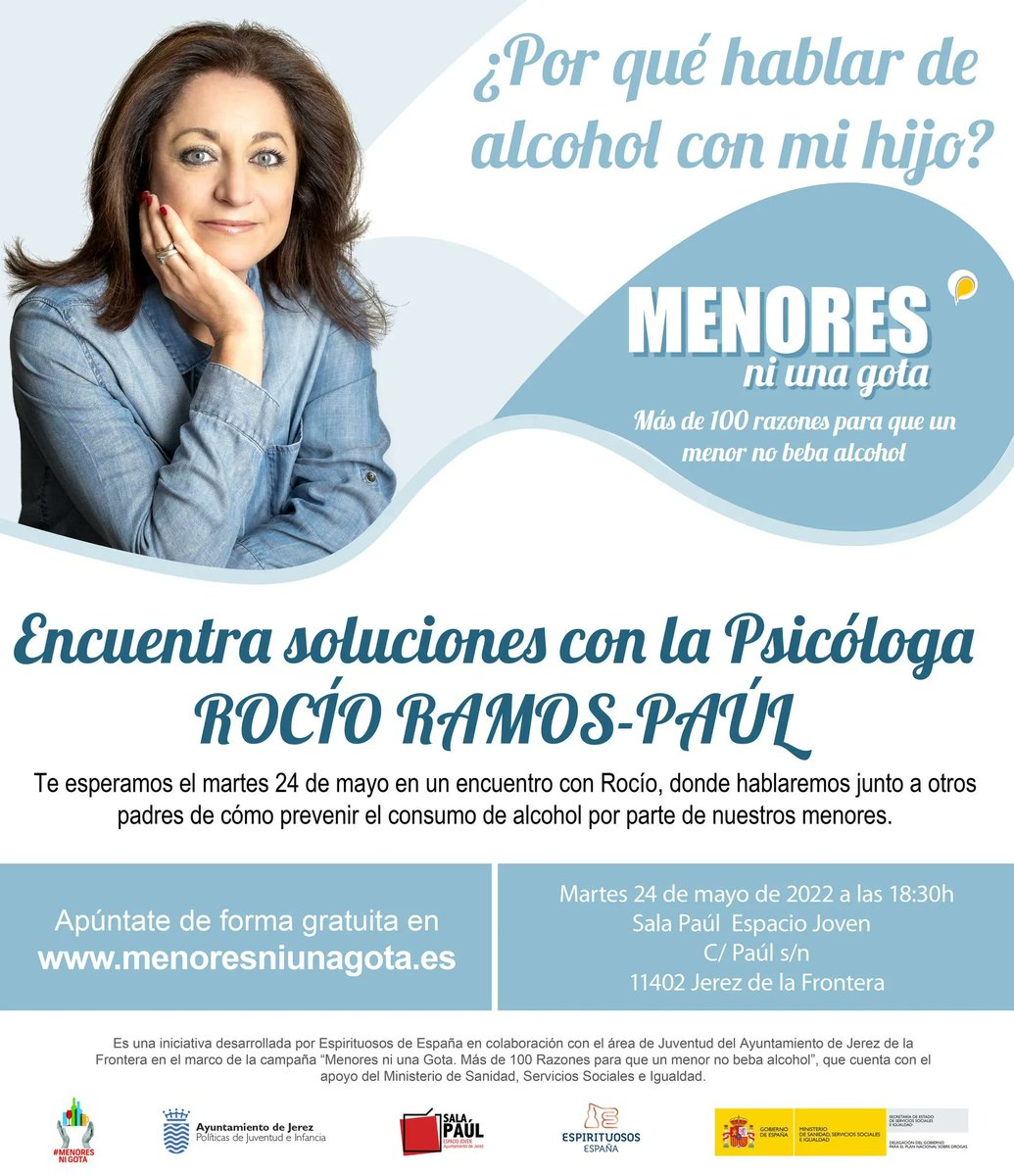 SalaPaulJerez's tweet image. ✅ Te esperamos mañana martes 24 a las 18:30 h en la Sala Paúl, donde hablaremos de como prevenir el consumo de alcohol por parte de nuestros menores @Rocioramos_paul conocida en el programa de tv Supernanny, impartirá esta charla informativa. #Juventudenconexion #Jerez #FEBE