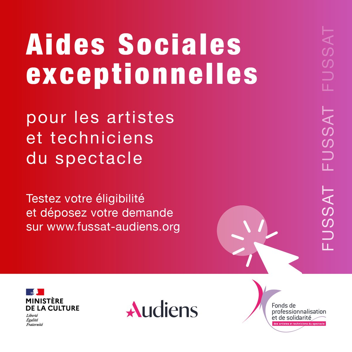 GroupeAudiens's tweet photo. [🔴#FUSSAT] 
Certains de vos cachets Guso ont été annulés entre le 01/06/2021 et le 31/12/2021 ? 

Vous pouvez bénéficier d’une aide financière. 👇
Pour en savoir plus et tester votre éligibilité : https://t.co/UxAol7fLtL

#solidarité #intermittents #spectacle https://t.co/kJ5OeEJGdY
