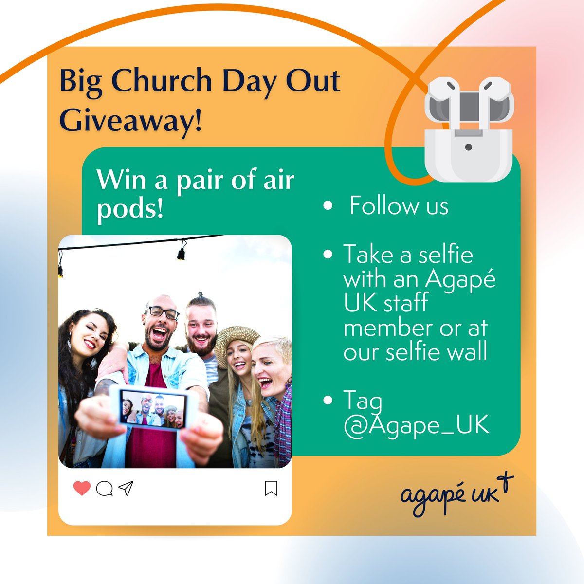 Everyone at BCDO, we have an exciting giveaway! 

Follow us, take a selfie with an Agapé UK staff member or at our selfie wall and tag <a href="/Agape_UK/">Agapé UK</a>.

It's your chance to win a pair of air pods!

#bigchurchdayout #bcdo #giveaway #follow #selfie #tag #airpods #agapeuk #heytoagape