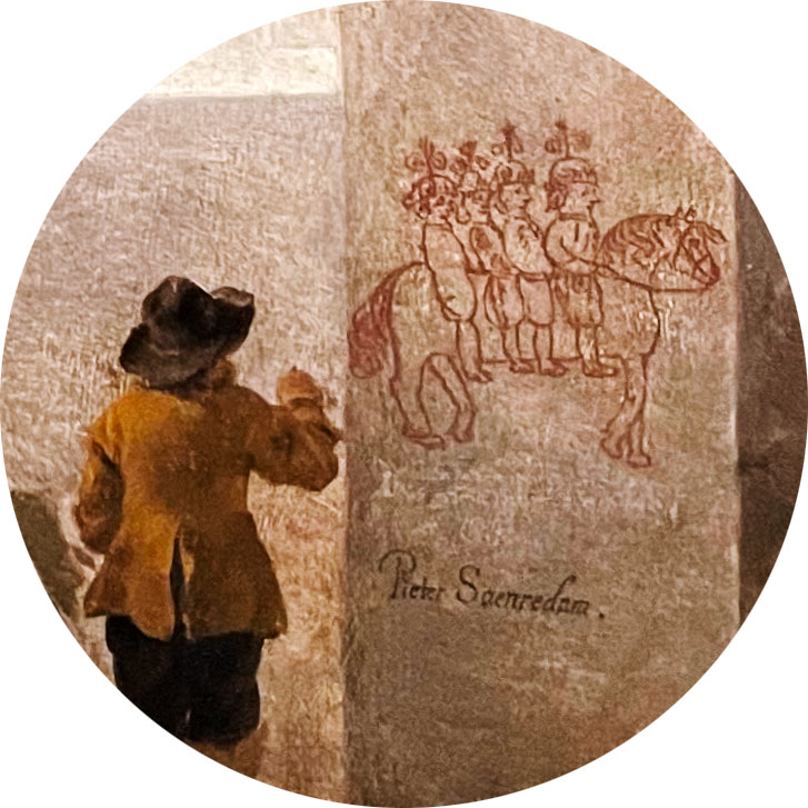 marconardi1957's tweet photo. I just love Saenredam luminous church interiors. This one (the Buurkerk in Utrecht-pets allowed) shows a graffiti on a bare wall that conjures the myth of Bayard, the magic bay horse from a 12C French chanson de geste. https://t.co/3MBH5lBmZB