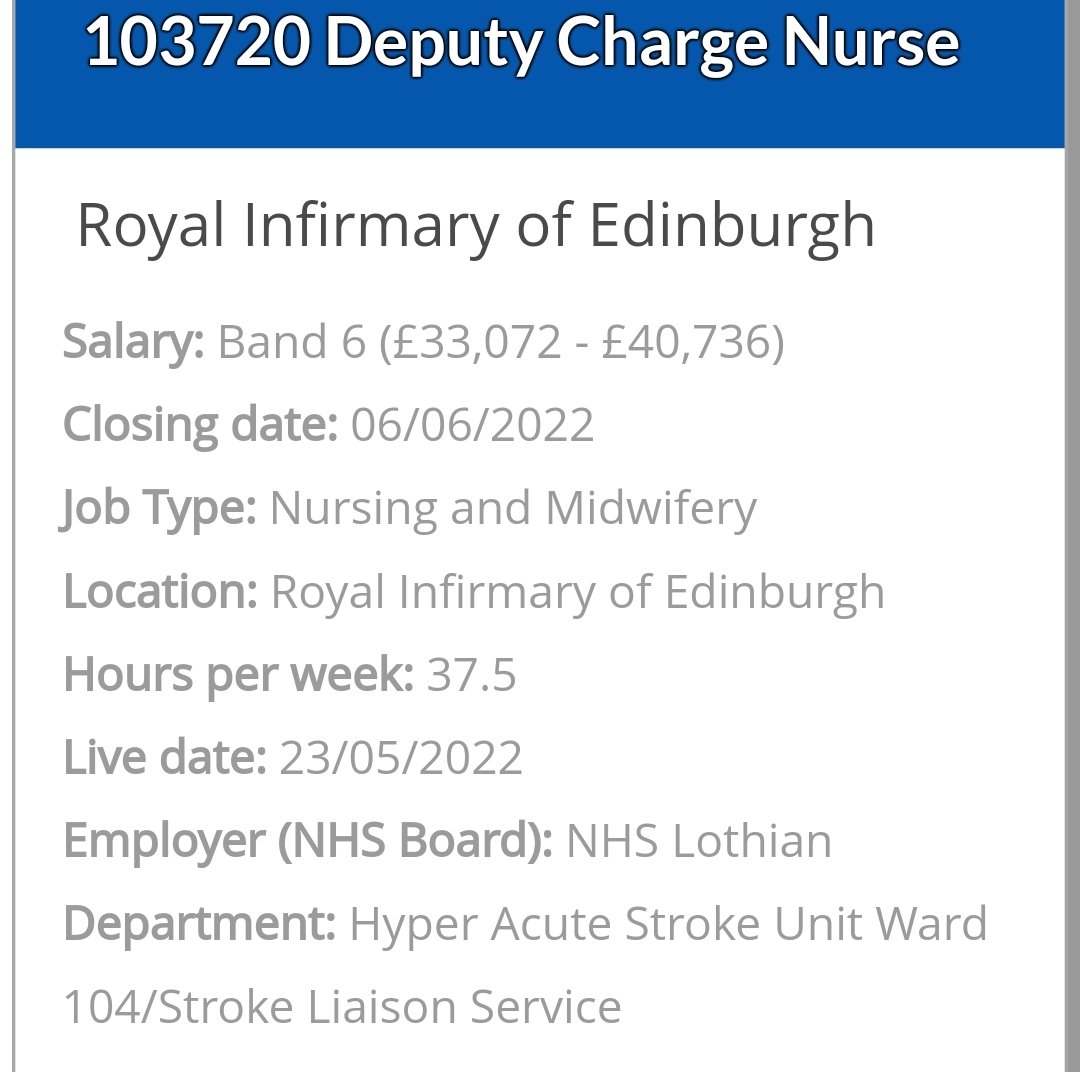 A new, fantastic Band 6 opportunity to join our new Regional Stroke Centre <a href="/RIE_Lothian/">Royal Infirmary of Edinburgh</a> <a href="/NHS_Lothian/">NHS Lothian</a> has now opened for applicants. Please DM us for more information.

apply.jobs.scot.nhs.uk/displayjob.asp…