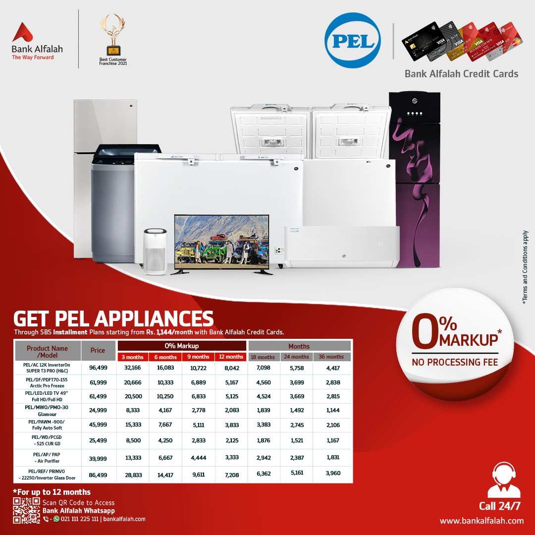 BankAlfalahPAK's tweet photo. Now you can tick off your favorite PEL Appliances from your wish list and get them through the SBS Installment plan starting from as low as Rs 1831 per month with Bank Alfalah.
For bookings, please call us at 021 111-225-111.
#BankAlfalah #TheWayForward #SBSInstallments #PEL https://t.co/j8mV7ktVSs