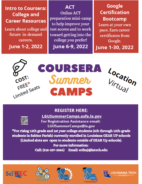 LAGEARUP's tweet photo. ACT Boot Camp is a 4-day in-person camp that will be held on NSU'S campus. Workshops and lessons will prepare students for ACT Subject Areas. Each day after lunch, you will work with one of four Academic Majors: Nursing; Computer Science; Arts; New Media &amp; Journalism. https://t.co/gM9KpqpS2d