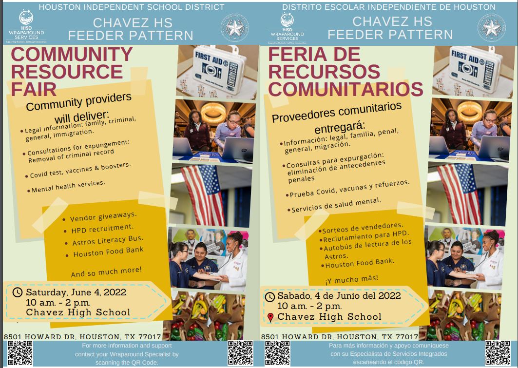 ParkPlaceWrap's tweet photo. Community Services Fair. Saturday, June 4. From 10 am to 2 pm. Chavez High School 8501 Howard Dr. Houston, TX 77017. Feria de Servicios a la Comunidad. Sábado 4 de junio. De 10 am a 2 pm. Escuela Secundaria Chávez 8501 Howard Dr. Houston, TX 77017 https://t.co/JqlQsEQAYh