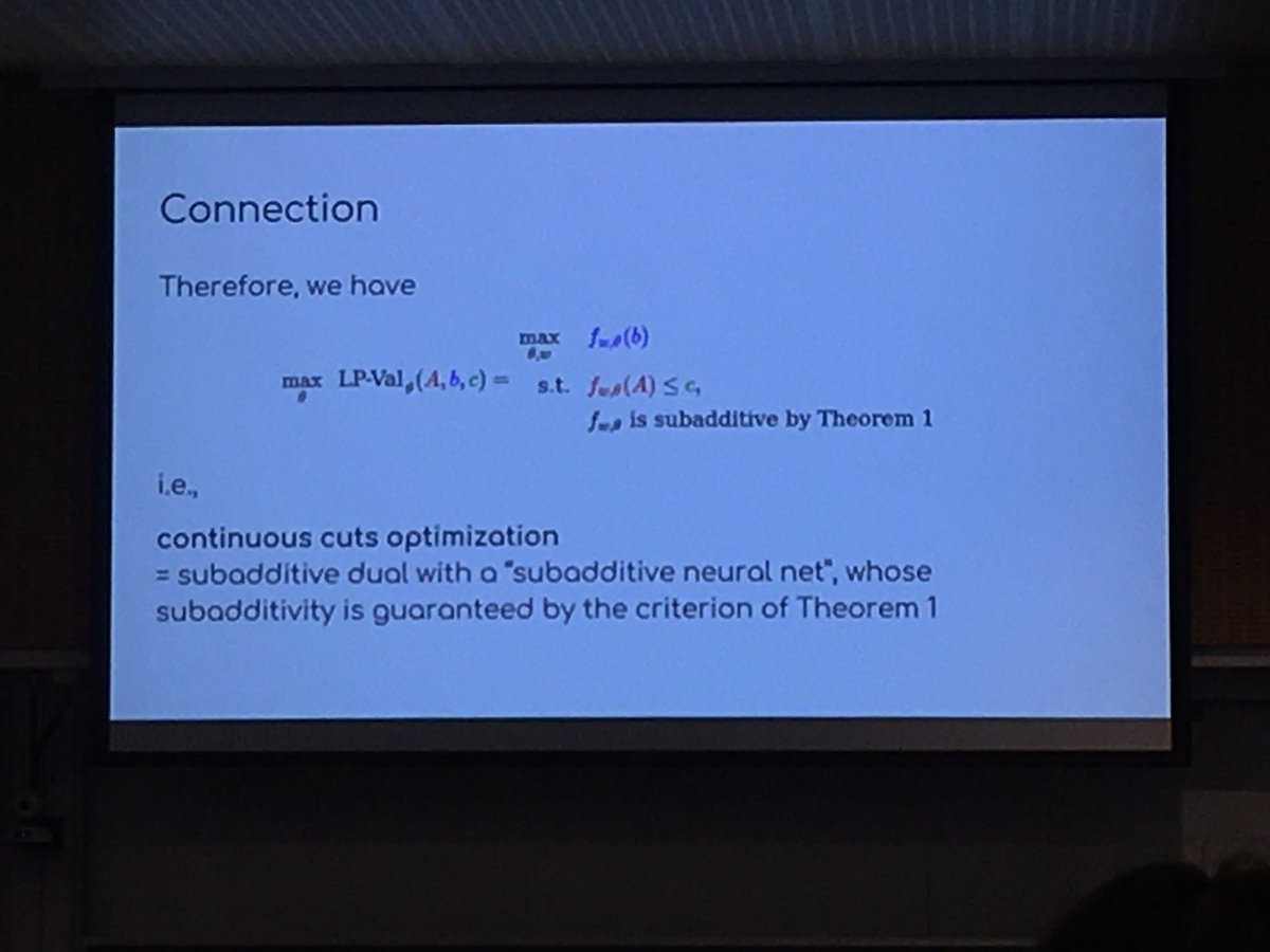 thserra's tweet photo. Closing the loop and unifying deep learning with integer programming, Lodi argues that the classic GMI cutting plane algorithm corresponds to a particular form of training this subadditive neural network! #KnightsOfMIP #KnightsOfLearning #orms https://t.co/Wo6BrKpxQ6