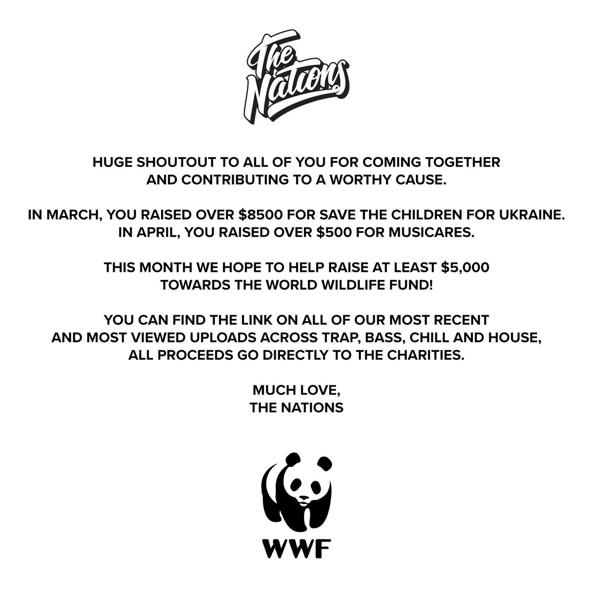 Thank you all ❤️

<a href="/WorldWildlifeF/">World Wildlife Fund</a> fundraiser is now live across <a href="/AllTrapNation/">Trap Nation</a> <a href="/AllChillNation/">Chill Nation</a> <a href="/All808Nation/">Bass Nation</a> &amp; <a href="/AllHouseNation/">House Nation</a>!