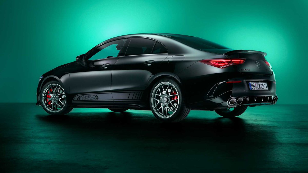 Automoblog's tweet photo. In The News: #MercedesAMG CLA 45 Edition 55 celebrates 55 years of AMG. The #Edition55 features Cosmos Black metallic finish, red/black Nappa leather seats, and #AMG car cover. Limited to 55 units for the US, the “Edition 55” will be available later this year. #Automoblog https://t.co/bErspaMnF7