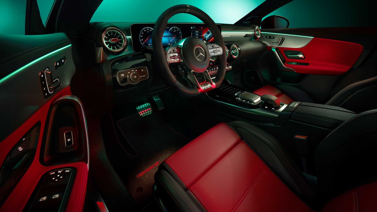Automoblog's tweet photo. In The News: #MercedesAMG CLA 45 Edition 55 celebrates 55 years of AMG. The #Edition55 features Cosmos Black metallic finish, red/black Nappa leather seats, and #AMG car cover. Limited to 55 units for the US, the “Edition 55” will be available later this year. #Automoblog https://t.co/bErspaMnF7