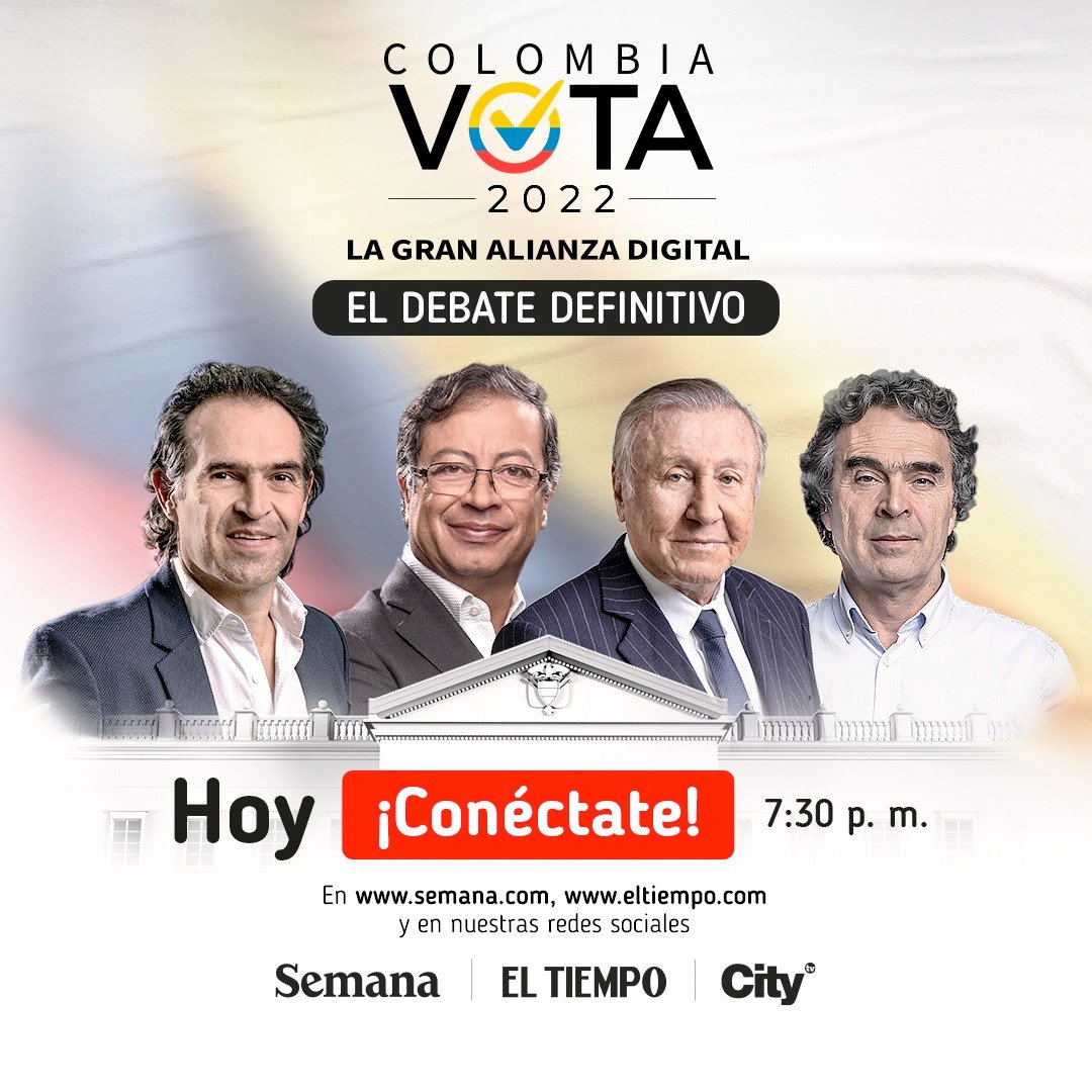RevistaSemana's tweet photo. ¿Qué preguntas les haría hoy en #ElDebateDefinitivo a los candidatos @FicoGutierrez, @petrogustavo, @ingrodolfohdez y @sergio_fajardo? 

Los leemos. #DebateElTiempoSemana

Moderan @VickyDavilaH y @amompotes 

Vea más: https://t.co/SBLWGh6HNe https://t.co/AqWeKrRUER