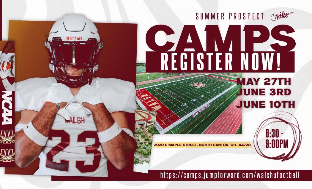🚨ITS CAMP WEEK🚨 🖊SIGN UP IF YOU HAVEN’T🖊 ⚔️WALSH UNIVERSITY SUMMER PROSPECT CAMPS⚔️ 🔗 camps.jumpforward.com/walshufootball ^signups at the link or on the athletics website. 🔘LEARN FROM COLLEGE COACHES 🥇COMPETE AND SHOWCASE YOUR SKILLS