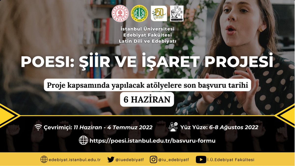 Fakültemiz Öğretim Üyelerinden Dr. Ekin Öyken’in ve “sessiz sanatçı” Levent Beşkardeş’in girişimi <a href="/TCKulturTurizm/">T.C. Kültür ve Turizm Bakanlığı</a> desteğiyle hayata geçen ''Şiir ve İşaret'' Projesi, sağır gençleri şiire, işiten gençleri de şiirin görsel yönüne yakınlaştırmayı amaçlıyor
👉 bit.ly/3lyl14X