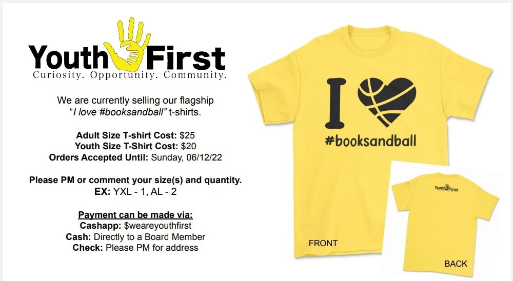 coachrachel33's tweet photo. You asked - we answered!
Today, we are launching our flagship I 💛 #booksandball t-shirt pre-orders.
Feel free to connect with a Board Member directly or PM us with any questions!
#booksandball
#weareyouthfirst
#communitybuilding
#notforprofitorganization https://t.co/eYBwRvPD7h