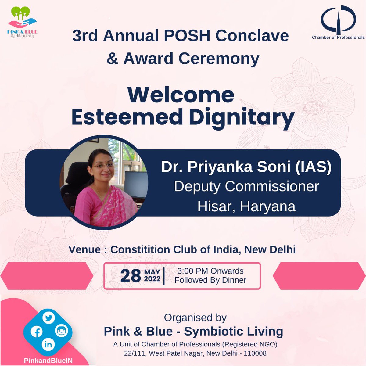 PinkandBlueIN's tweet photo. We, Pink &amp; Blue - Symbiotic Living, are delighted to share that Dr. Priyanka Soni (IAS) #Deputy #Commissioner, Hisar District has accepted our invitation to join and grace the occasion of 3rd Annual Posh Conclave and Award Ceremony. https://t.co/d6kmh8M1bi