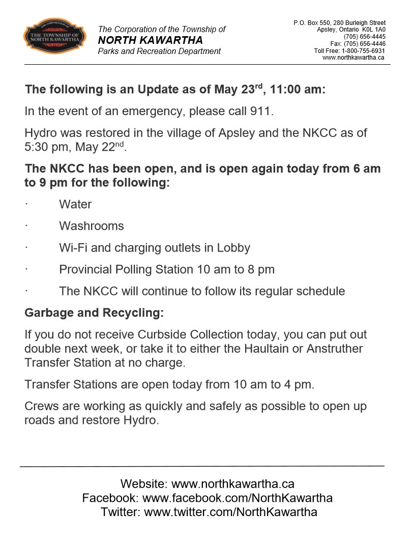 The NKCC is open again today from 6 am to 9 pm for the following:

·         Water

·         Washrooms

·         Wi-Fi and charging outlets in Lobby

·         Provincial Polling Station 10 am to 8 pm
Garbage and Recycling:

Please see attached for complete information!