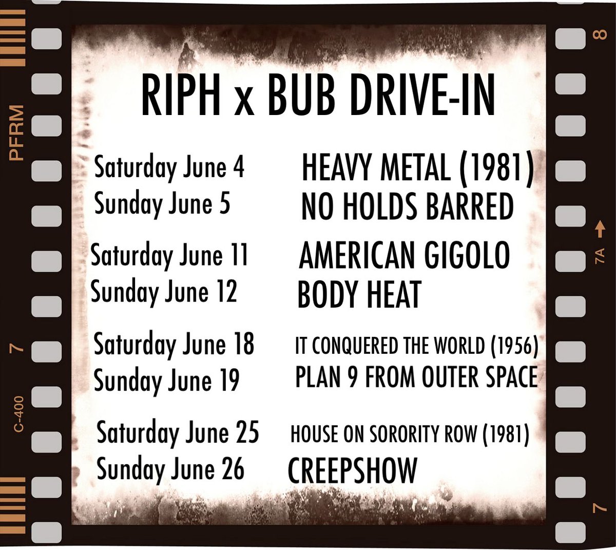 MikeVanderbilt's tweet photo. THE DRIVE-IN at @theRIPH IS BACK!

Feast your eyes on the schedule! Sexy thrillers! 24 inch pythons! ‘50s sci-fi for our Tiki weekend! Classic horror from 1982!  

We’ve got it all! All screenings start at 9 PM and are absolutely FREE! https://t.co/6eU5aCtACq