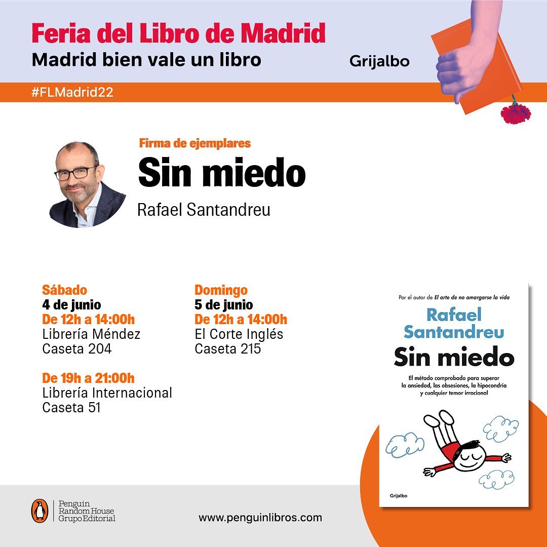 El finde del 4 y 5 de junio!!! 
Estaré en la Feria del Libro de Madrid. 
Os espero a todos para firmar libros y conocernos!!!! 
Estas son las horas y los lugares!!! 
#psicologia #rafaelsantandreu #feriadellibromadrid #sinmiedo
