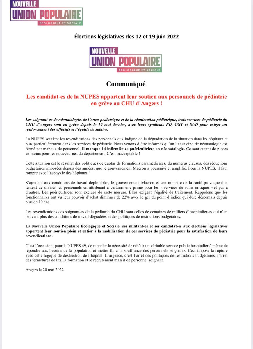 arashsaeidi's tweet image. 1 lit /5 fermé en néonatalogie, des primes attribuées de façon inégalitaire…
Soutien aux personnels de pédiatrie du #CHU #Angers en grève!
Rebâtir l’#Hôpital public pour répondre aux besoins de la population et mettre fin à la souffrance des personnels.
#NUPES #legislatives2022