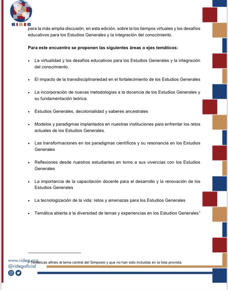RIDEGOFICIAL's tweet photo. ℹ️ Convocatoria Oficial para el XIII Simposio Internacional de Estudios Generales.
#EstudiosGenerales #RIDEG 🌎 https://t.co/aYe5dedCwi