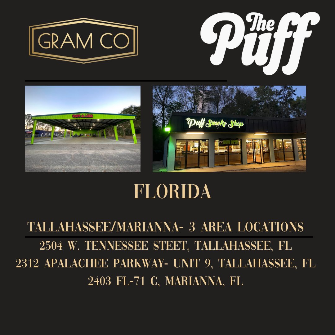 The_GramCo's tweet photo. Tallahassee friends looking to elevate your experience with @The_GramCo? Check out The Puff in Tallahassee/Marianna, FL. All three locations carry the GramCo products you know and love. #gummies #Tally #FSU #Tallahassee #Delta8 #Thepuff #prerolls #gameready #FSUSpaces #hemp https://t.co/uVP7NXm2vH