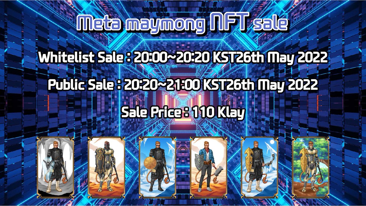 MaymongM's tweet image. Meta maymong NFT Sale

White list Sale
20:00~2020 KST 26th May 2022

Public Sale
20:20~21:00 KST 26th May 2022

Sale Price : 110Klay 
#NFT #metamaymong #NFTsales #NFTGiveaway #NFTProject #storytoearn