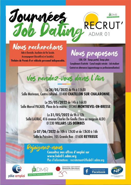 [#TousMobilisés] pour l'#emploi dans le service de l'aide à la personne
Cette semaine, 2 journées #jobdating pour <a href="/ADMRun/">ADMR</a> #Ain avec le soutien de l'agence @poleemploi_ara #BourgEnBresse 
Le 24 mai à Chatillon sur Chalaronne
Le 25 mai à Montrevel en Bresse
#OnEstLàPourVous