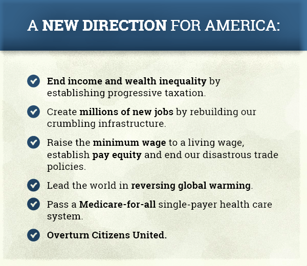DrSFurey's tweet photo. A New Direction for #America says #BernieSanders and a lot of other #Democrats #EndIncomeandWealthDisparity #CreateNewJobs #RaiseMinimumWage #ReverseGlobalWarming #OverturnCitzensUnited Pass #MedicareForAll https://t.co/WgeRQFGxbK