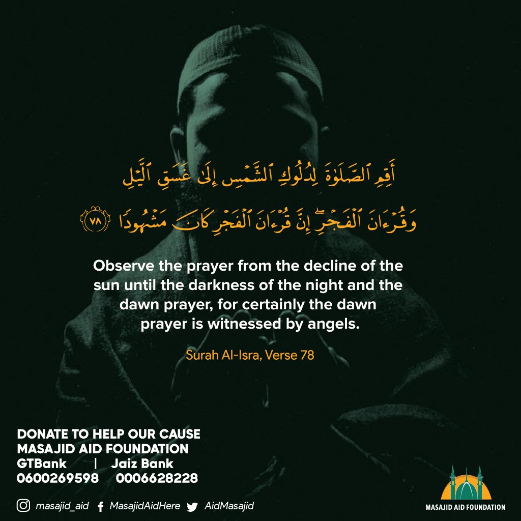 AidMasajid's tweet photo. Abu Hurairah,"Recite the Holy Book if you wish, for 'Verily, the recitation of the Qur'an in the early dawn (Fajr prayer) is ever witnessed (attended by the angels in charge of mankind of d day and the night)
Are you still waiting till next Ramadan before you pick up the Qur'an? https://t.co/sle4lgeD4f