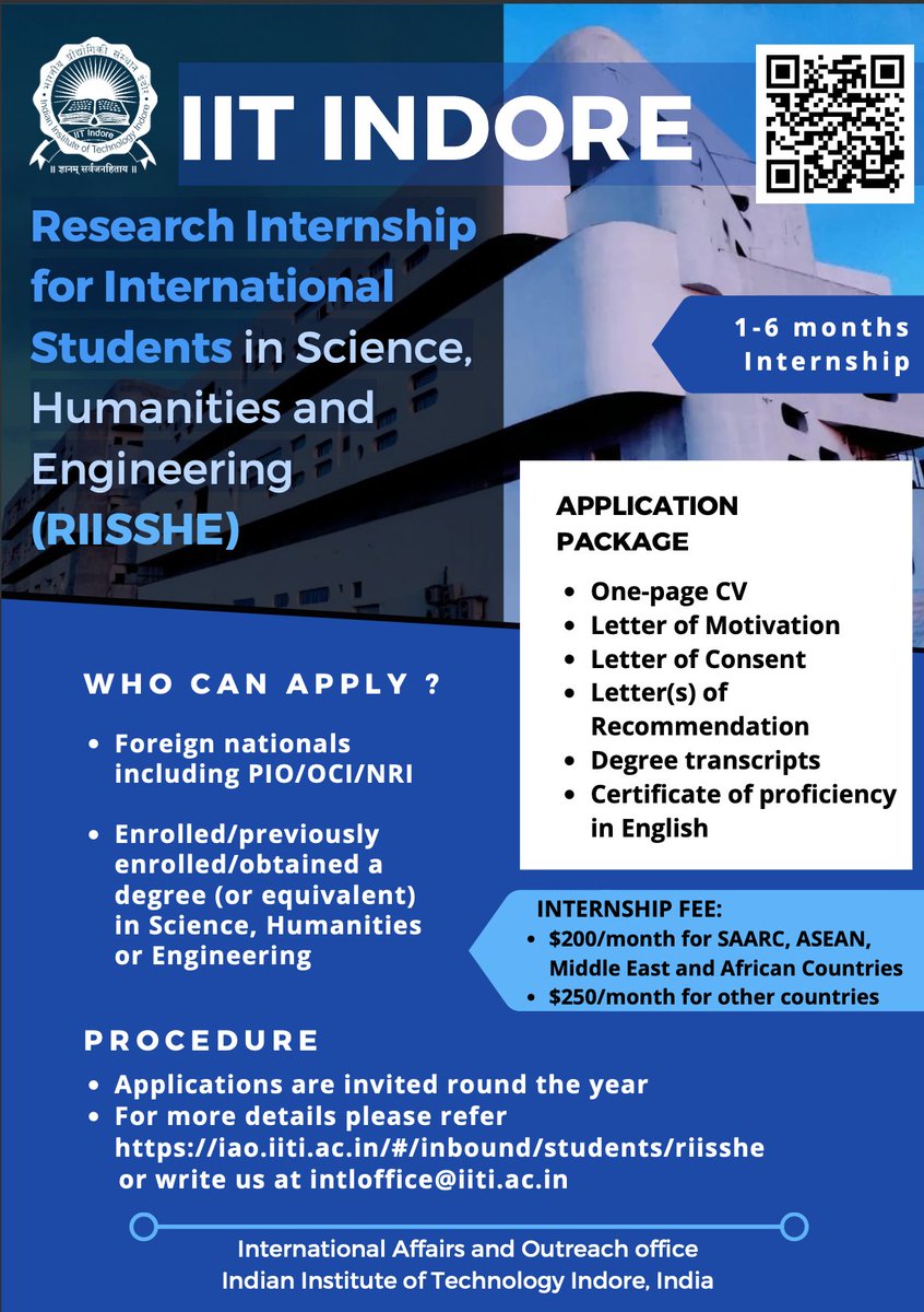 sirc_iitindore's tweet photo. Want to do an internship at a prestigious university? Here is your chance to fulfil your dreams. Apply for a 1-6 month Research Internship for International Students in Science, Humanities and Engineering (RIISSHE) @IITIOfficial For further details, visit https://t.co/Igs9KUFfNu https://t.co/kFOPlsso2b