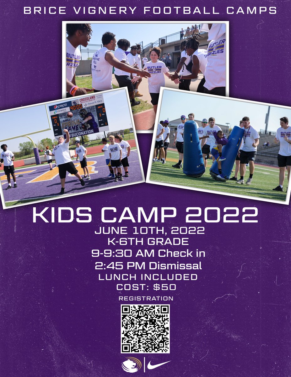 ButlerGrizzlyFB's tweet photo. Kids Camp 2022 is full go! Excited to let the Butler CC Football kids community experience this! 

Registration is open!

Email Dallas Thompson with any questions, dthompson15@butlercc.edu

#BuCoFB https://t.co/fHkIwfryRA