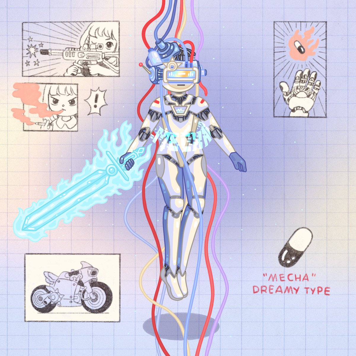 Type: "Mecha"
A machine is like a tool, it has purpose. But what is a tool that does not know why it was built? Mechas suffer the fate of not knowing where they came from or the purpose of their existence. Most say it is a curse, others an opportunity to truly discover oneself 💊